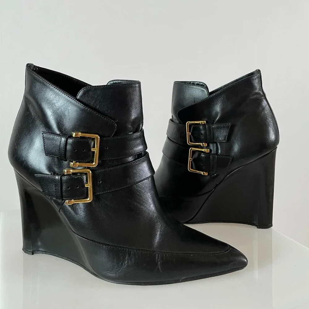 Minimalist | Derek Lam Black Leather Ankle Boot Wedge | Pointy Toe | Gold Buckle
